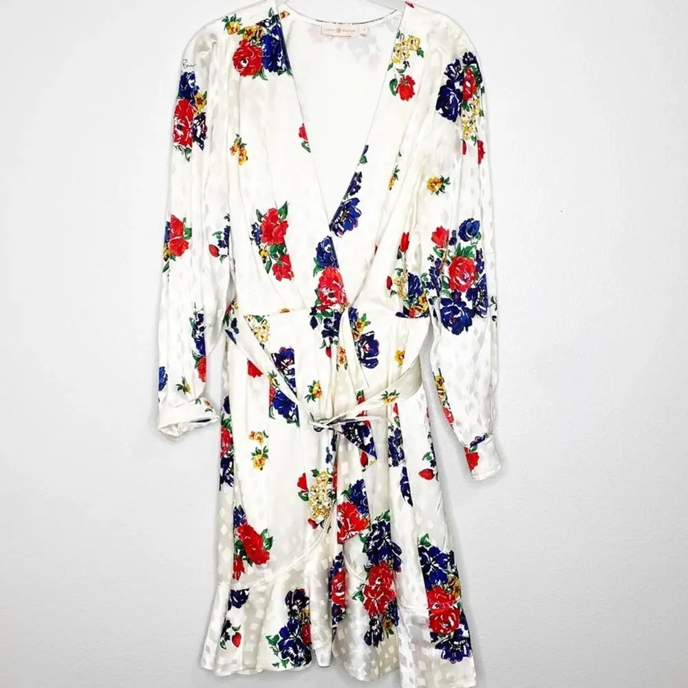 Tory Burch Floral Ruffle Silk Belted Wrap Dress Size 8